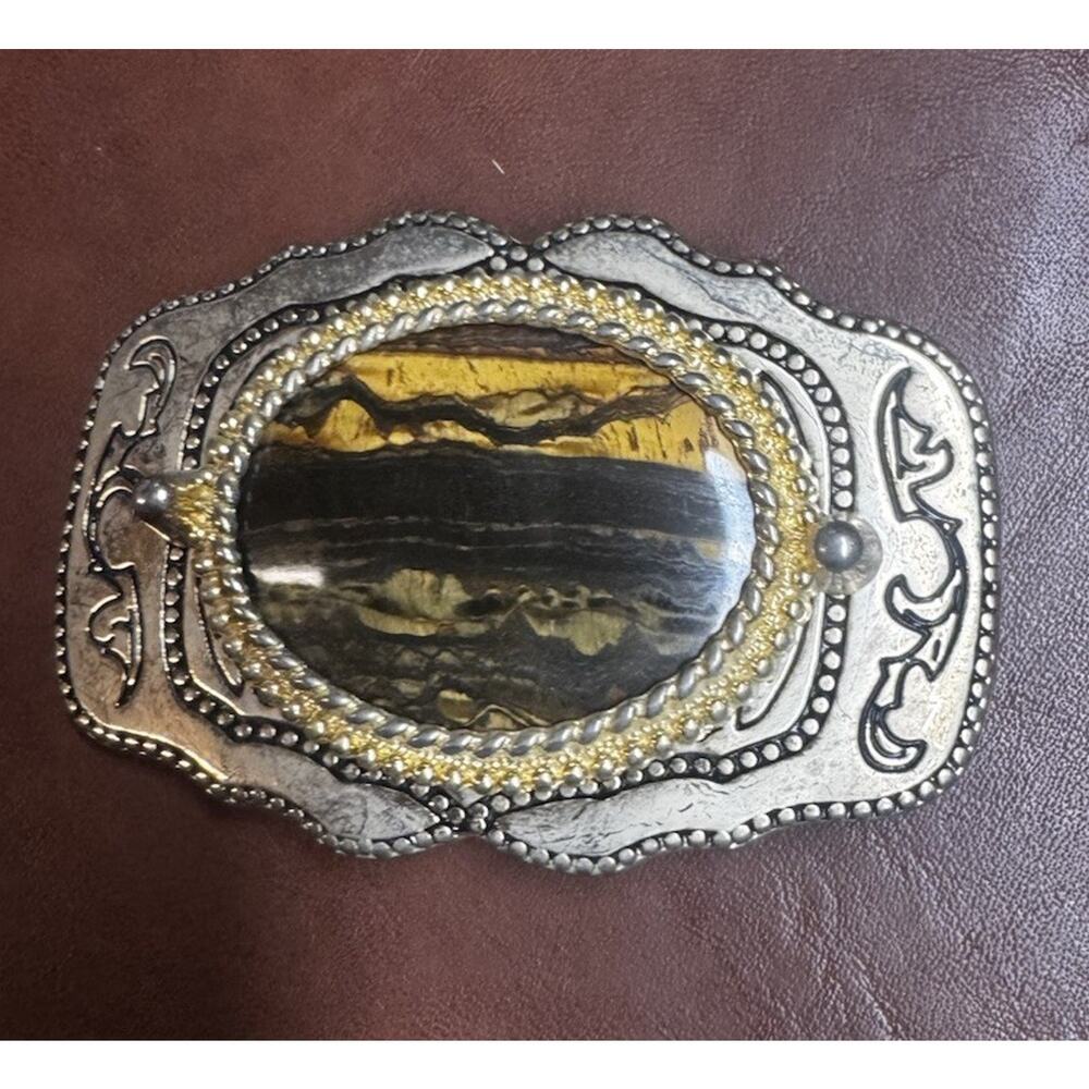 Vintage Western Belt Buckle Tiger Eye Stone Gold Silver Tone USA- Cowboy Rodeo